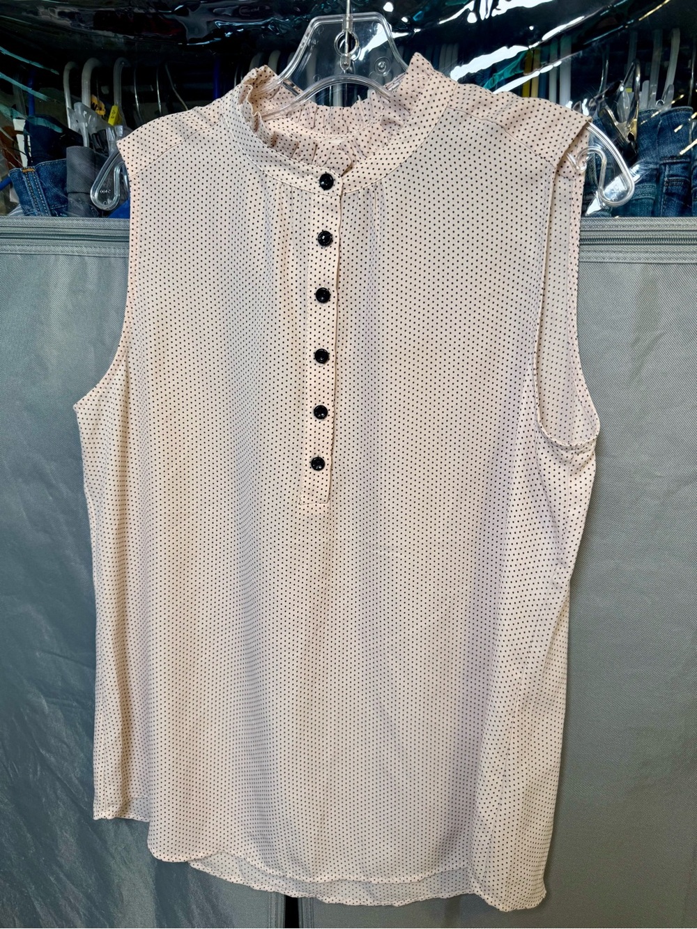 Eliane Rose Sleeveless Cream Dot Ruffle Neck Blouse- Size Large
